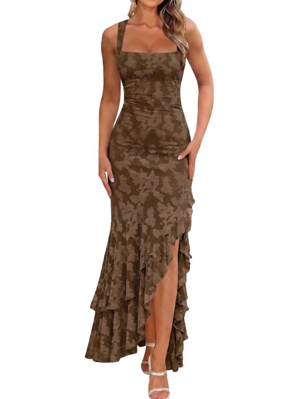 Women's Coffee Elegant Ruched Floral Maxi Wedding Guest Cocktail Formal Dress